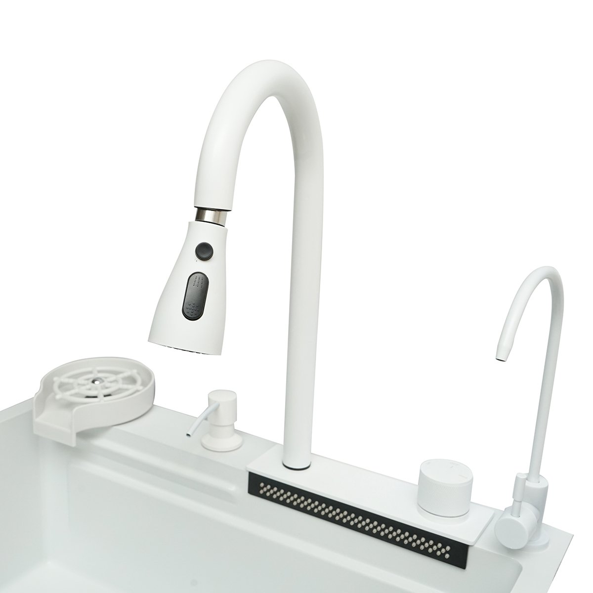 Chiuveta bucatarie otel inoxidabil cu doua baterii, functie cascada, spalator pahare, dozator sapun, scurgator, tava, tocator si accesorii scurgere incluse, dimensiune 60x45x22cm